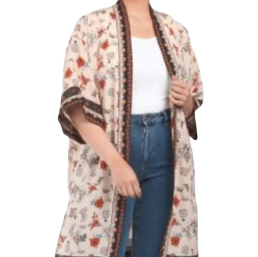 Chelsea and Violet Tan Black Multicolor Floral Long Kimono Size Small